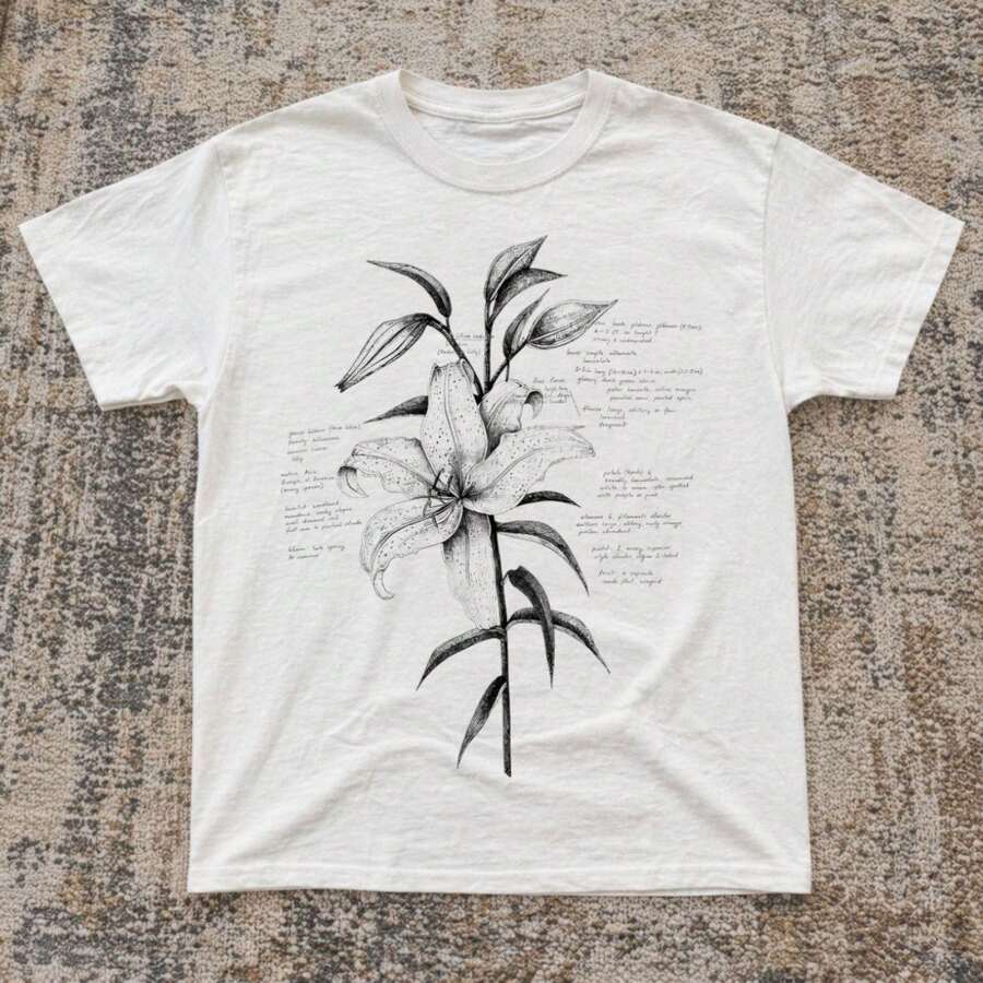 Unisex Casual Crew Neck Tshirt Retro Science Botanical Short Sleeve Top Vintage Lily Sketch Handdrawn Flower Art Print Boho Daily Street Tees