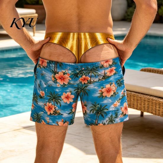 Summer Party Tricky Swimwear Hairy Big Booty Shorts, USA Flag Print Men Swim Trunks, Golden Funny 3D Visual Effect Shorts Briefs Design, Beach