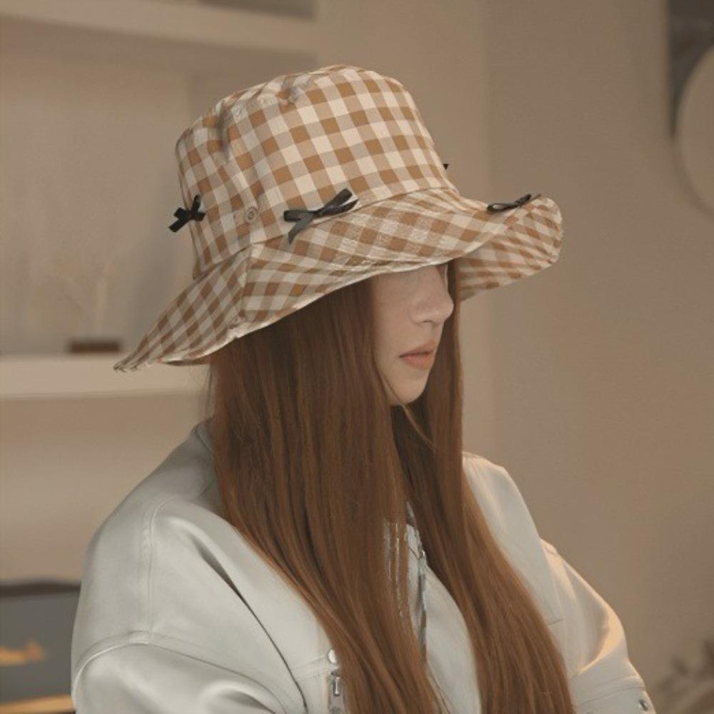 Versatile Hiking Fisherman Hat Sun Protection Bow Bucket Hat Cute Plaid Hiking Cap Outdoor