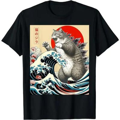 Котзилла Кот Японское Искусство Забавный Принт Кота Мужская Модная Футболка Подарок Женская Новая Хлопковая Футболка Топ с Круглым Вырезом и Коротким Рукавом