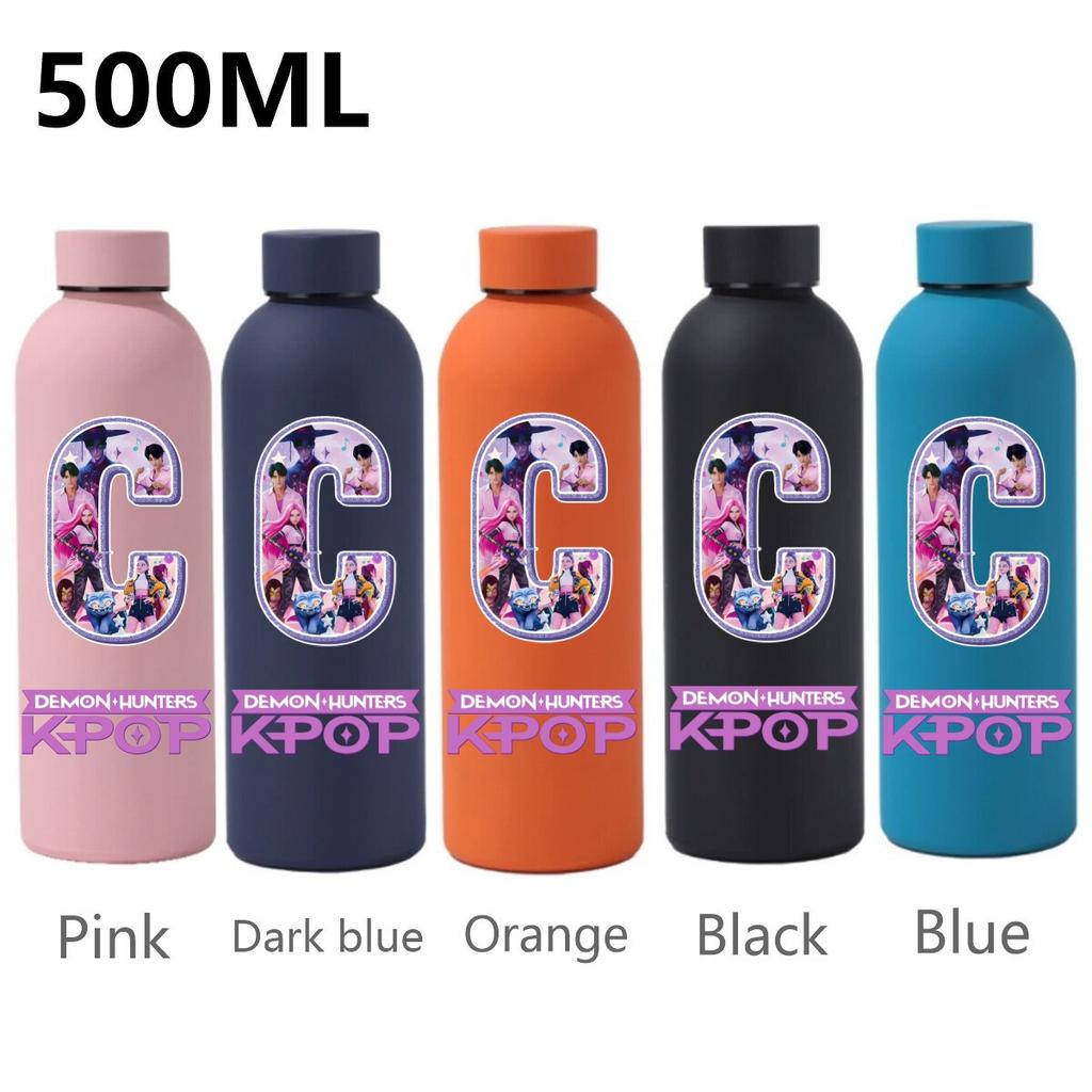 500ML KPop Demon Hunters Sport Leak Proof Stainless Steel Insulated Mug Water Cup Letter Number Cartoon Print Birthday Gifts