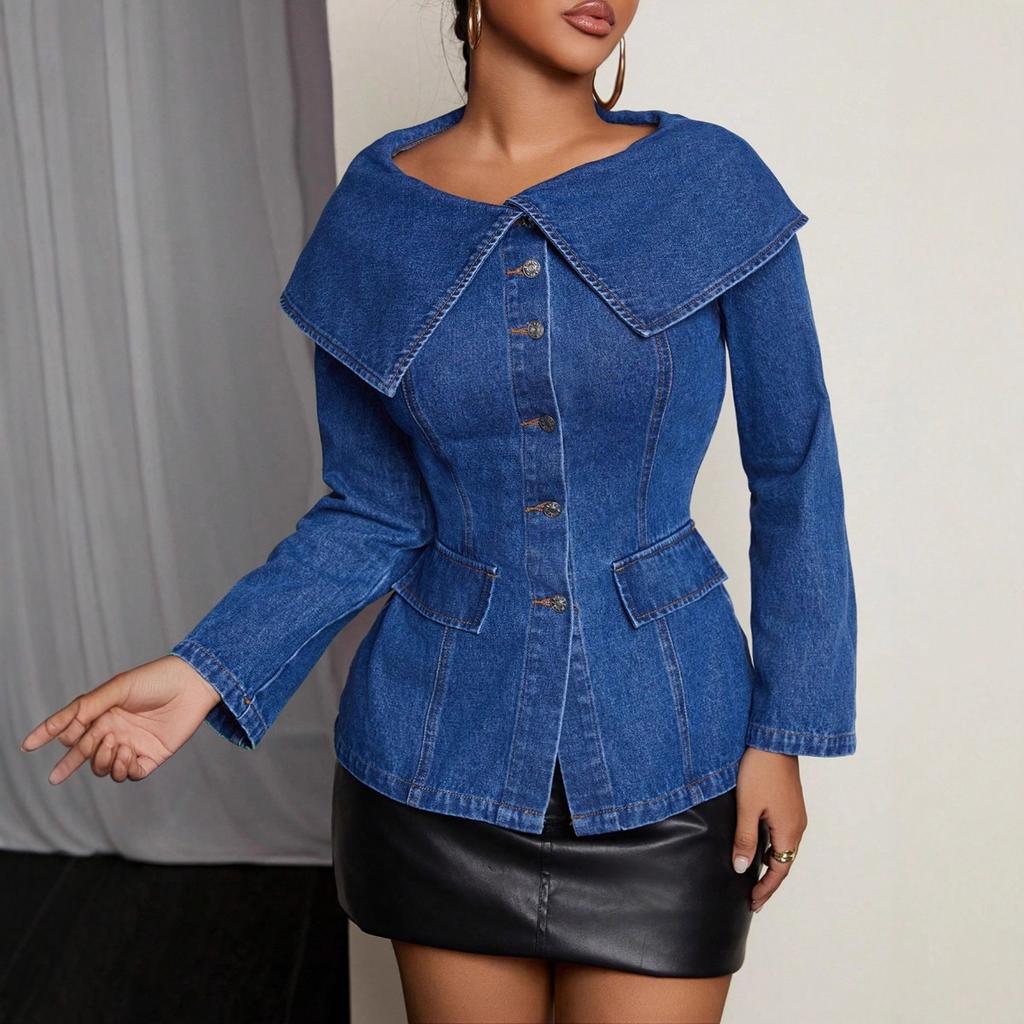Women's Round Neck Long Sleeve Denim Jacket Regular Elegant Commuter Top Big Lapel Button Peplum Blouse