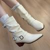 Fashion Belt Buckle Block Follower Boots Women's Fashion Pointed Toe Sleeve Pleated Anti-Slip Wear-Resistant Medium Heel