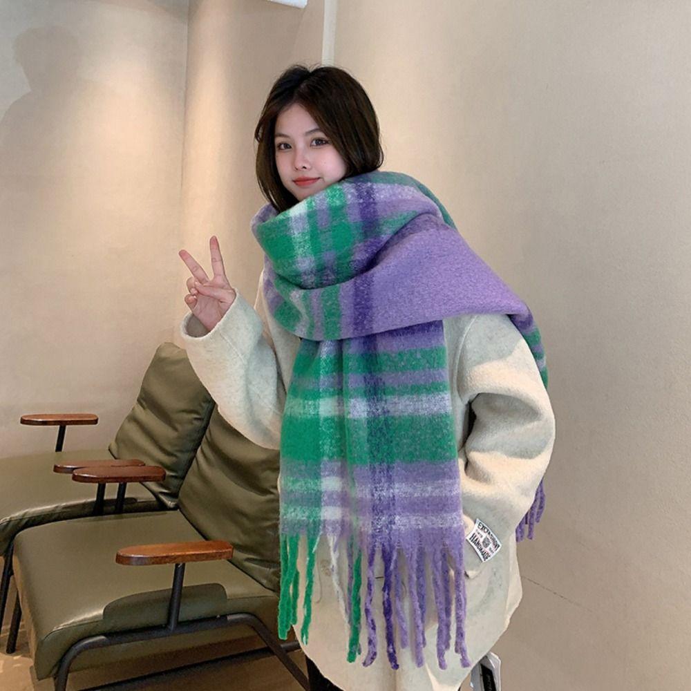 Радужный цвет Зимний мохеровый шарф Ветрозащитный Женский Шарфы-шали Новые Длинные Шарфы с кисточками