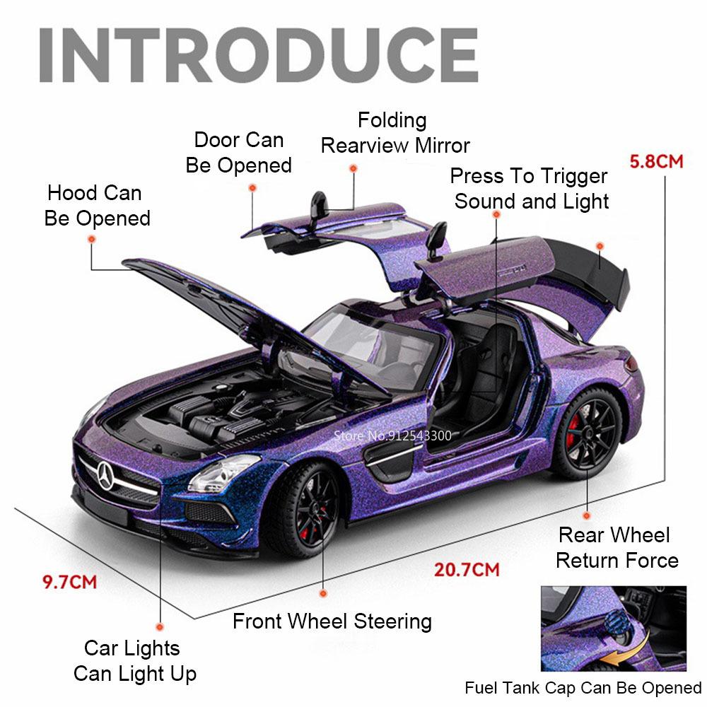 1:24 SLS GTR F1 Safety Sports Car Model Toy Alloy Diecast Sound Light Doors Opened Miniature Vehicle Models Collection Gifts