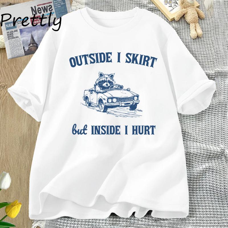 Снаружи я юбка, но внутри мне больно Футболка Забавный енот Странный мем Футболка Мусорная панда Хлопок Короткий рукав Женская одежда Футболки