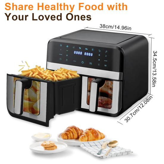 Аэрофритюрницы Двухзонные Аэрофритюрницы с Окном 9 л Вместимость Двойные Аэрофритюрницы 2 Ящика Сенсорный Экран Функция Умного Таймера (EU Plug)