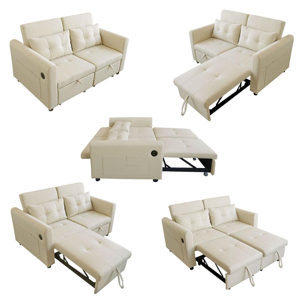 Modern Design: Loveseat 3-in-1 Pull-Out Sofa with Adjustable Backrest, USB, Armrest Pockets and Cushions. Suitable for Living Room, Bedroom, Apartment