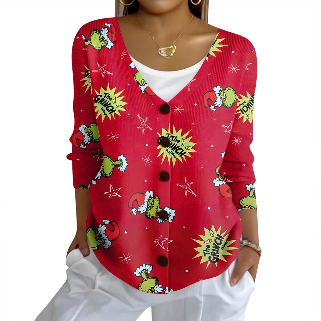 Women's Fashion Casual Knit Sweater Button-Up Christmas Print Cardigan Jacket