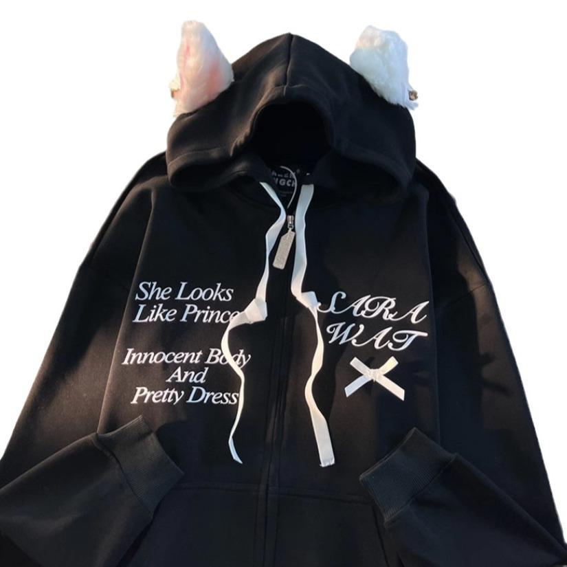 Американский сладкий и крутой ветер кошачьи ушки с капюшоном свитер женский весна и осень 2025 года дизайнерское чувство нишевый ленивый шик парный кардиган