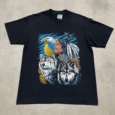 Винтажная футболка унисекс с одинарной строчкой в стиле 90-х годов Hanes Native American Wolf Eagle