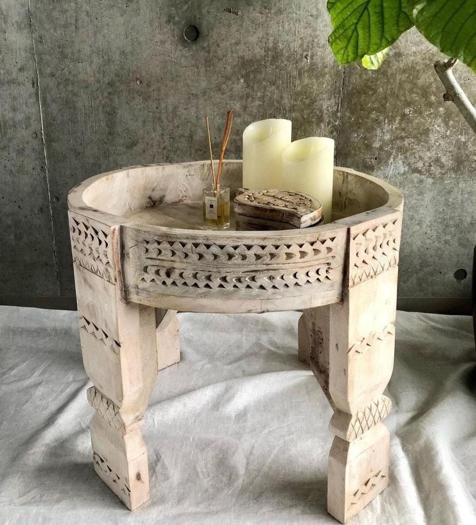 Wood Round Carved Coffee Table - Beautifull Side End table For Home Decor Furniture, Indian Central Ethnic Home Decor Table - Chakki Grinder
