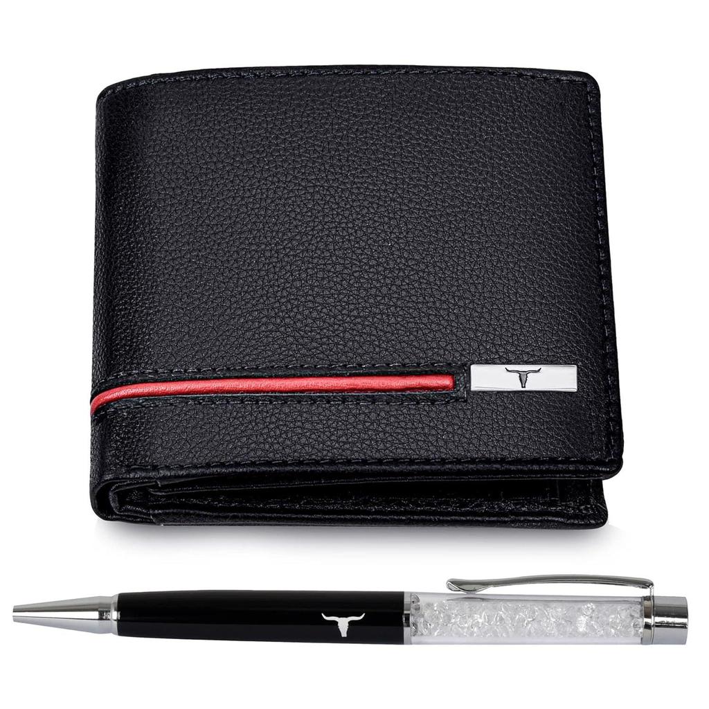 Подарочный набор из черного/красного кожаного кошелька и ручки для мужчин