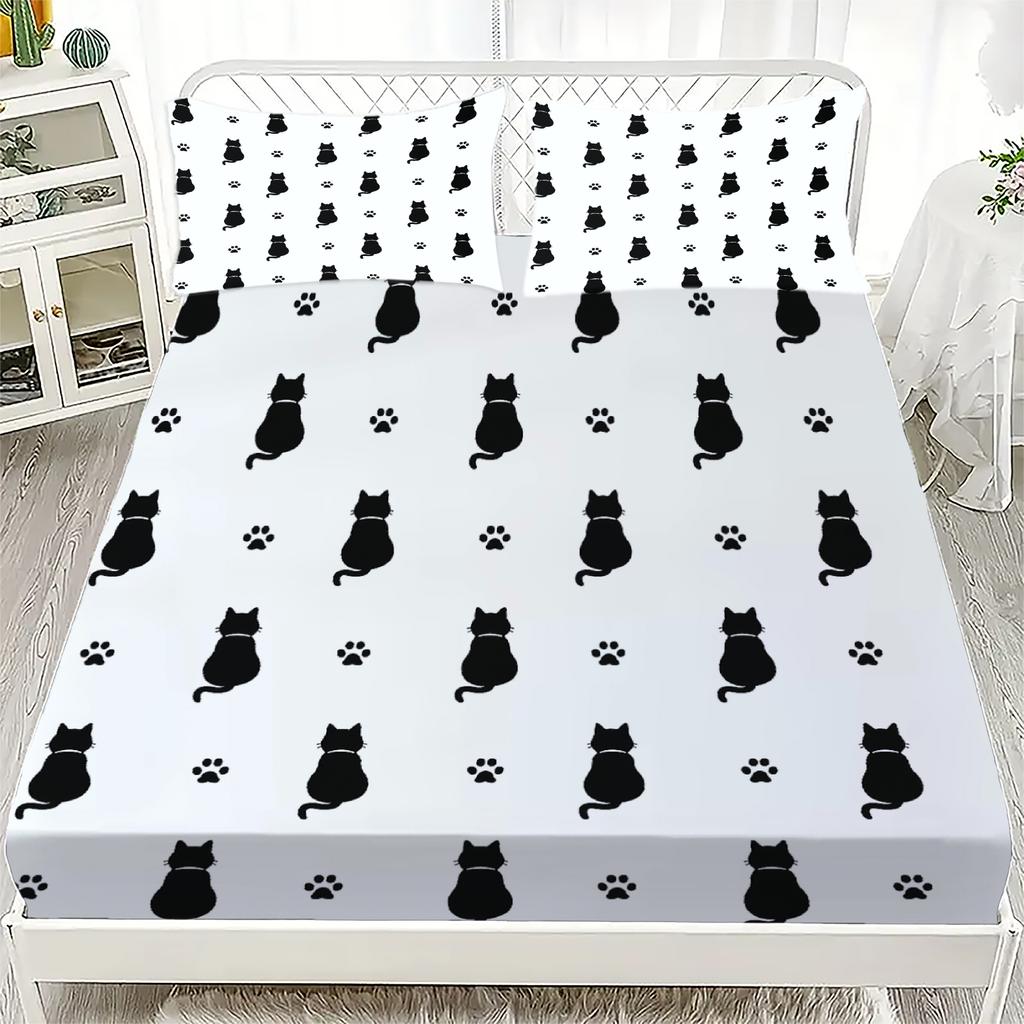 Набор из 3 предметов: Натяжная простыня с мультяшным принтом 'Розовые милые кошачьи лапки', 100% полиэстер, дышащий комплект постельного белья для домашнего декора, с 2 наволочками