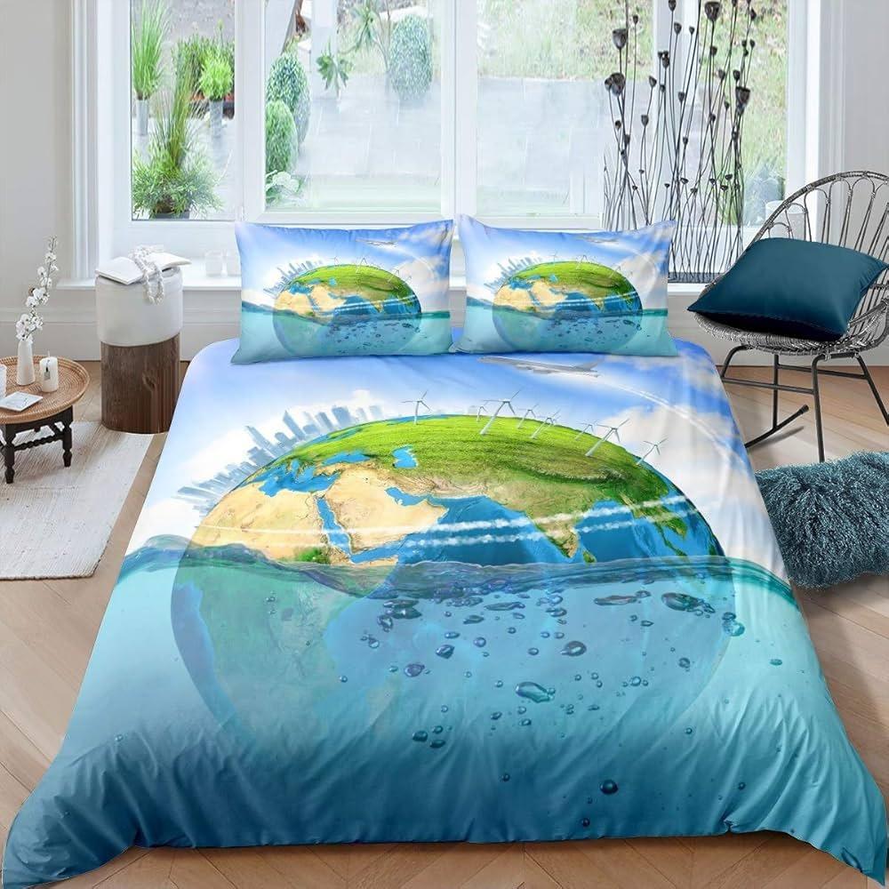 World Map Bedding Set Earth Pattern Bedding Cover Pillowcase Children and Teenagers Bedding Single/Double Size Gift