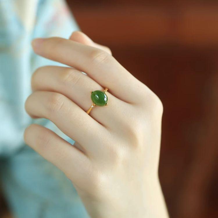 18k Gold Plated Adjustable Jade Ring for Women - High-End Hetian Jade Design for Index Finger