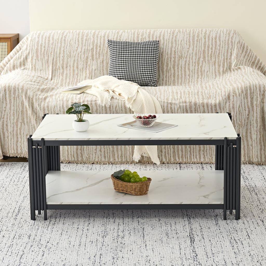 Rectangular Coffee Table with Metal Legs, Marbled Tabletop, Modern Living Room Furniture, White-Black – H46/B1140/T64 cm