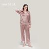 Womens 100% Pure Silk Pajama Set Long Sleeve V-Neck Lightweight Sleepwear With Multiple Pockets French Style Home Loungewear