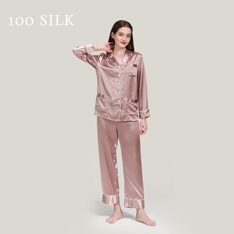 Womens 100% Pure Silk Pajama Set Long Sleeve V-Neck Lightweight Sleepwear With Multiple Pockets French Style Home Loungewear