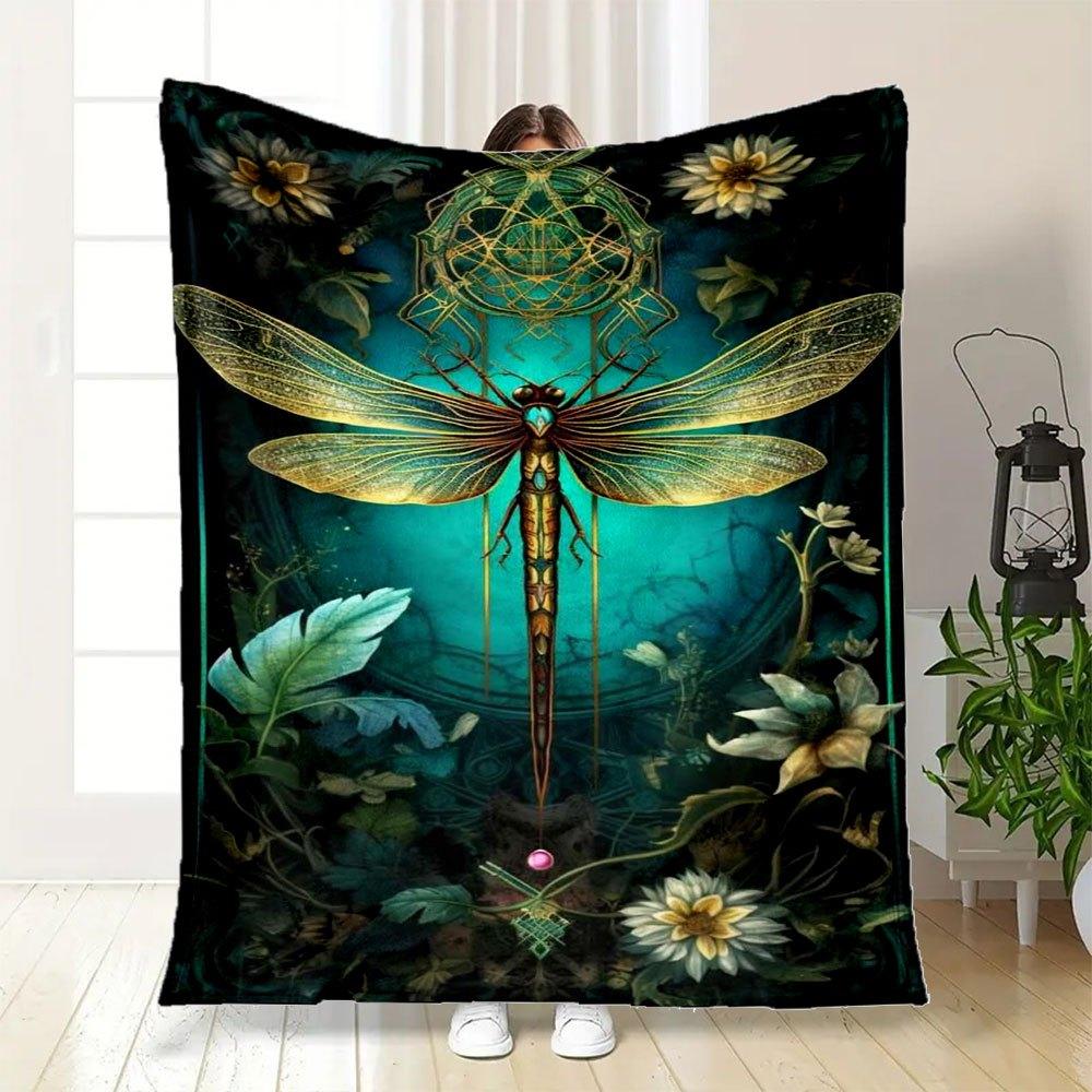 "Golden Dragonfly Fantasy Art Print - Nature's Beauty on Canvas"Blanket Flannel Throw Blanket for Sofa, Bed, Travel, Camping, Office, Couch,