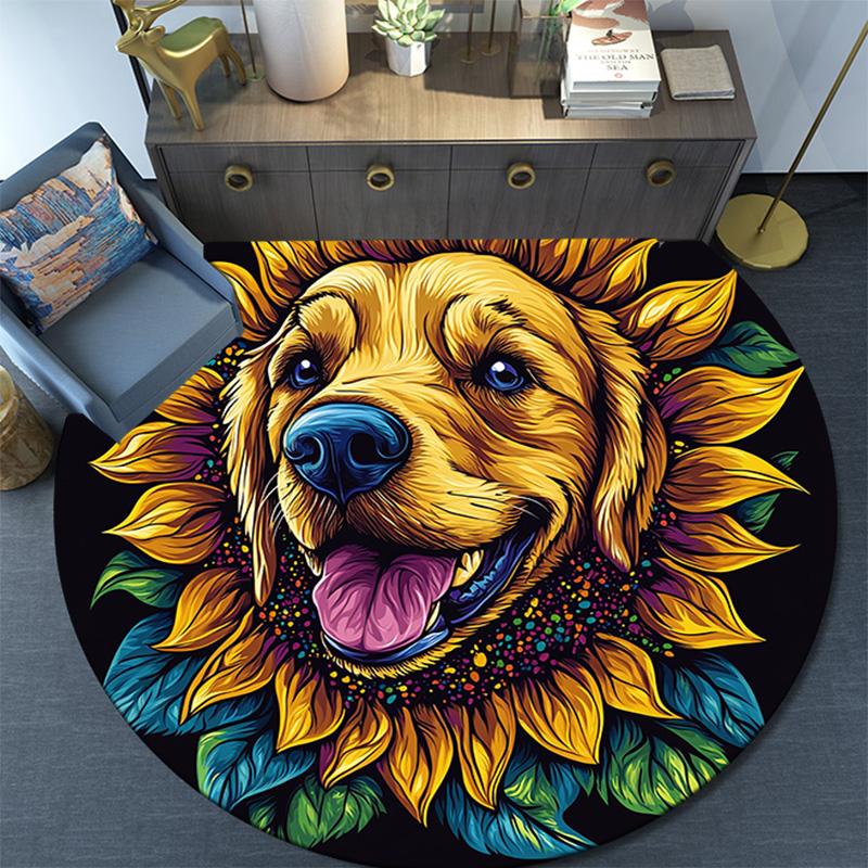 Golden Retriever Sunflower Round Area Rug,Carpet Rug for Living Room Bedroom Sofa Playroom Decor,Non-slip Floor Mat