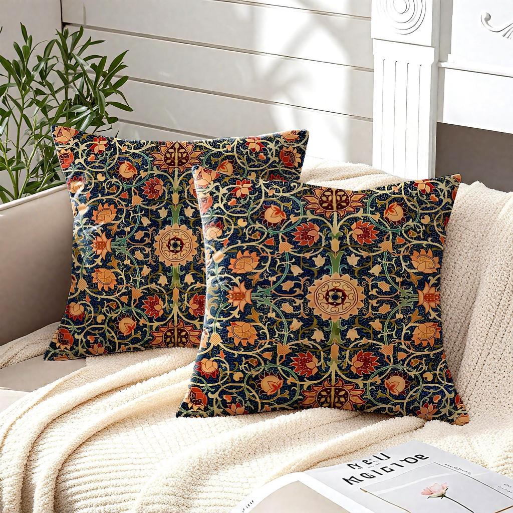 2 Pack Dark Teal Red Orange Vintage Floral Pillow Covers Double Sided Print Art Nouveau Botanical Cushion Cases Home Decor