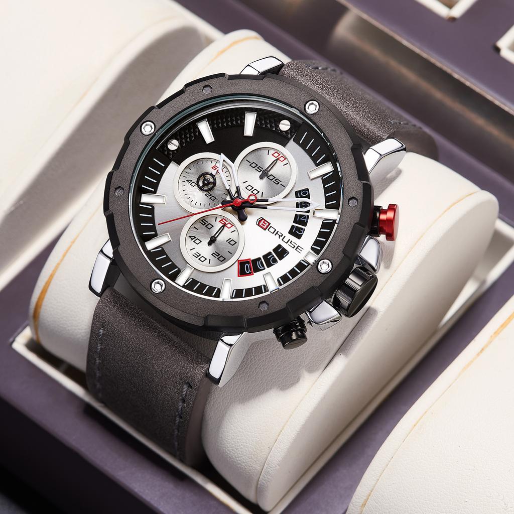 BORUSE Мужские деловые часы Pointer Quartz Мужские часы класса люкс Светящиеся в темноте Круглые мужские часы Кожаный ремешок Аналоговые мужские часы с календарем