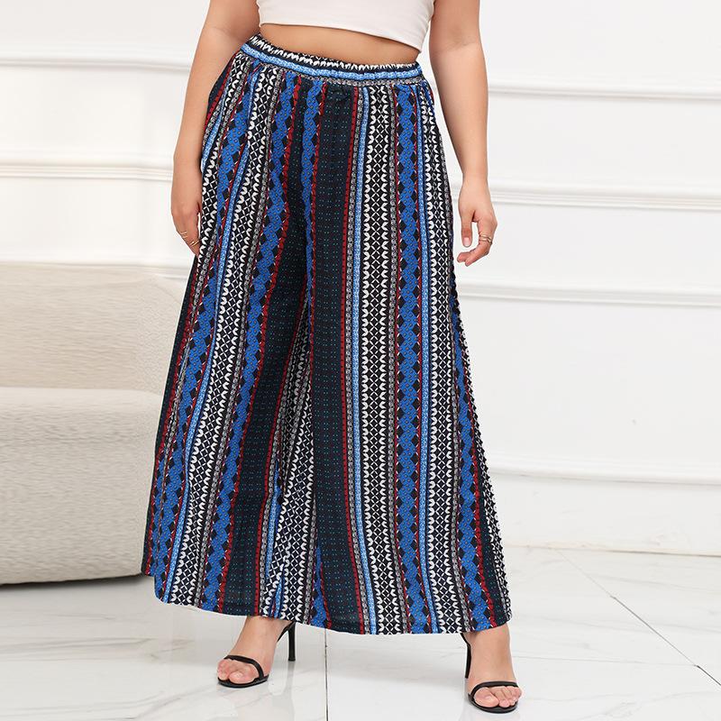 Summer Women's Pants Plus Size Wide Leg Pants Bohemian Style Striped Blue Elastic Waist Pants Seaside Vacation Beach Pants