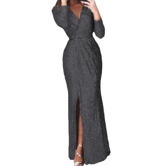 Женское вечернее платье с глубоким V-образным вырезом, декором из пайеток, длинными рукавами, эластичным поясом, плиссированным разрезом по низу, однотонное, для торжественных случаев, свадебных вечеринок, выпускного вечера, макси-платье