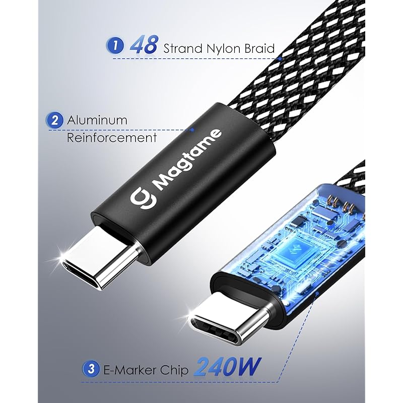 Magtame Type C Cable Flat Flat Magnet Automatic Storage 240W/5A Fast Charging Type-c Cable QC4.0/PD3.1 Compatible Usbc-usbc Cable Metal Connector