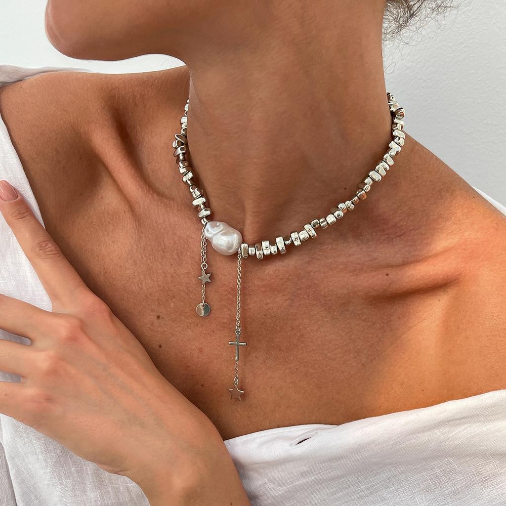 Irregular Beaded Choker Collar Collarbone Chain Female, Simple Ins Star Cross Fringed Collar