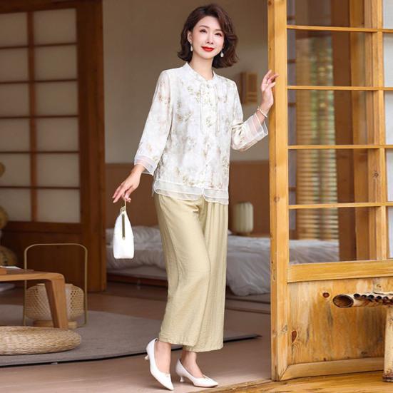 2 шт./компл. женский костюм в стиле ретро в китайском стиле плюс размер воротник-стойка с цветочным принтом и половиной рукава в стиле пэчворк, сетчатый топ с эластичной резинкой на талии и широкие брюки, комплект