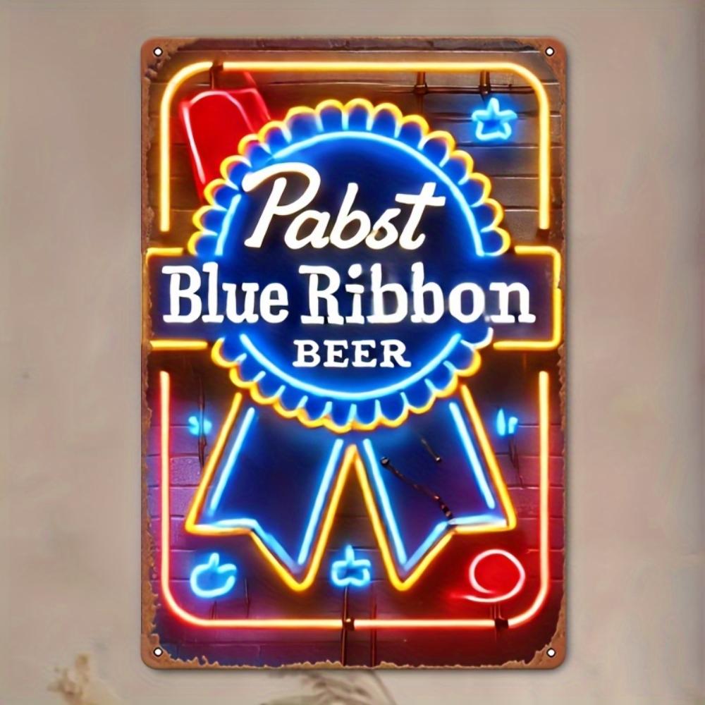 Винтажная неоновая вывеска пива Pabst Blue Ribbon Ретро металлический настенный декор с 2D неоновым эффектом Идеально для мужской пещеры, гаража, ностальгический декор