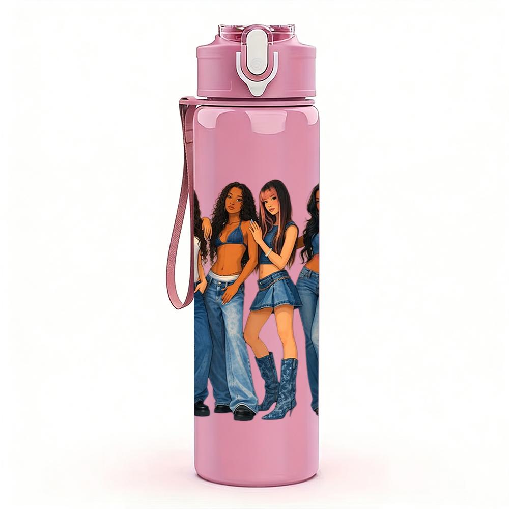 1PC Five Girl Denim Outfit Group 750ml Color Plastic Sports Water Bottle Leakproof Flip Straw Lid Suitable for Sports Office Home Use