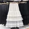 2025 ранняя новая эластичная талия кружево кружево сращивание слово большой маятник иностранный стиль серая торт юбка длинная юбка