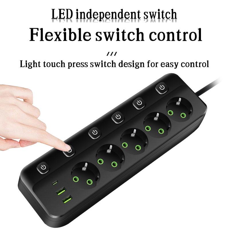 Умный удлинитель с вилкой ЕС, розетка переменного тока, удлинитель 2 м, электрическая розетка, сетевой фильтр, быстрая зарядка Type-C PD