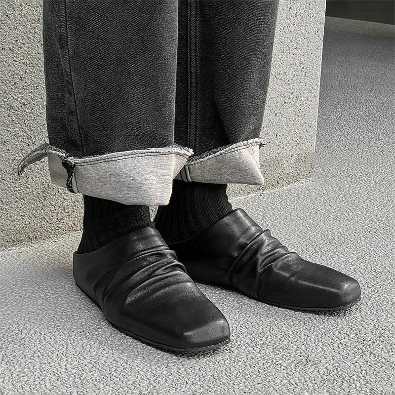 Men Genuine Leather Slippers New British Style Casual Leather Outdoor Walking Slippers Flat Designer Antiskid Soft Bottom Shoes