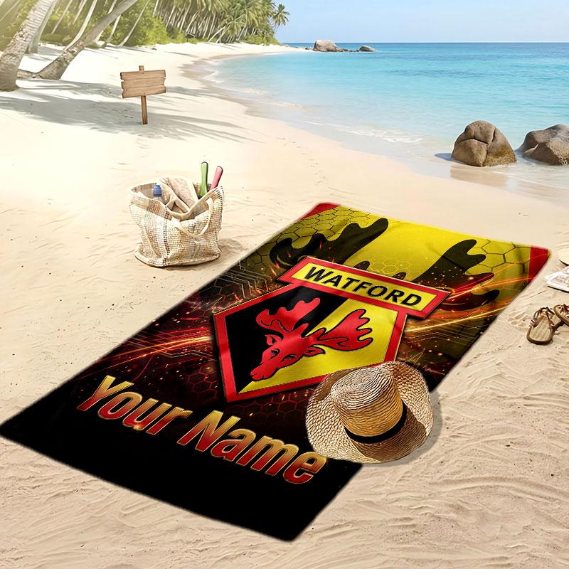 Watford FC Personalized Printed Beach Towel Soccer Logo Support Custom Name Text Absorbent Towel For Sport Travel Special Gift