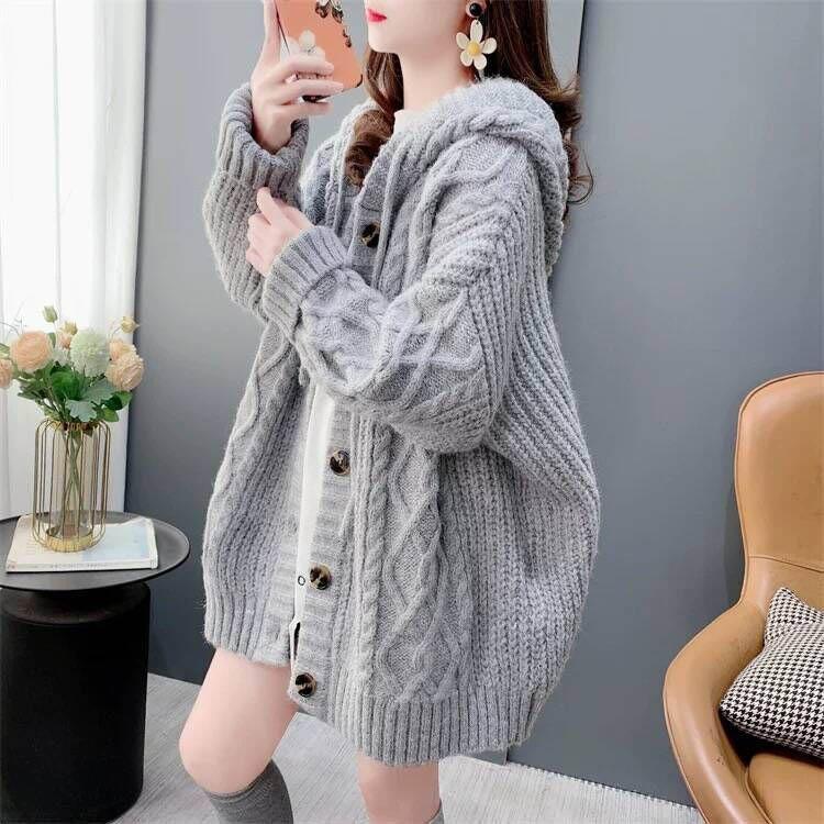 Hooded Sweater Cardigan Female Autumn and Winter Retro Solid Color Elastic Warm Loose Medium-length Knitted Jacket