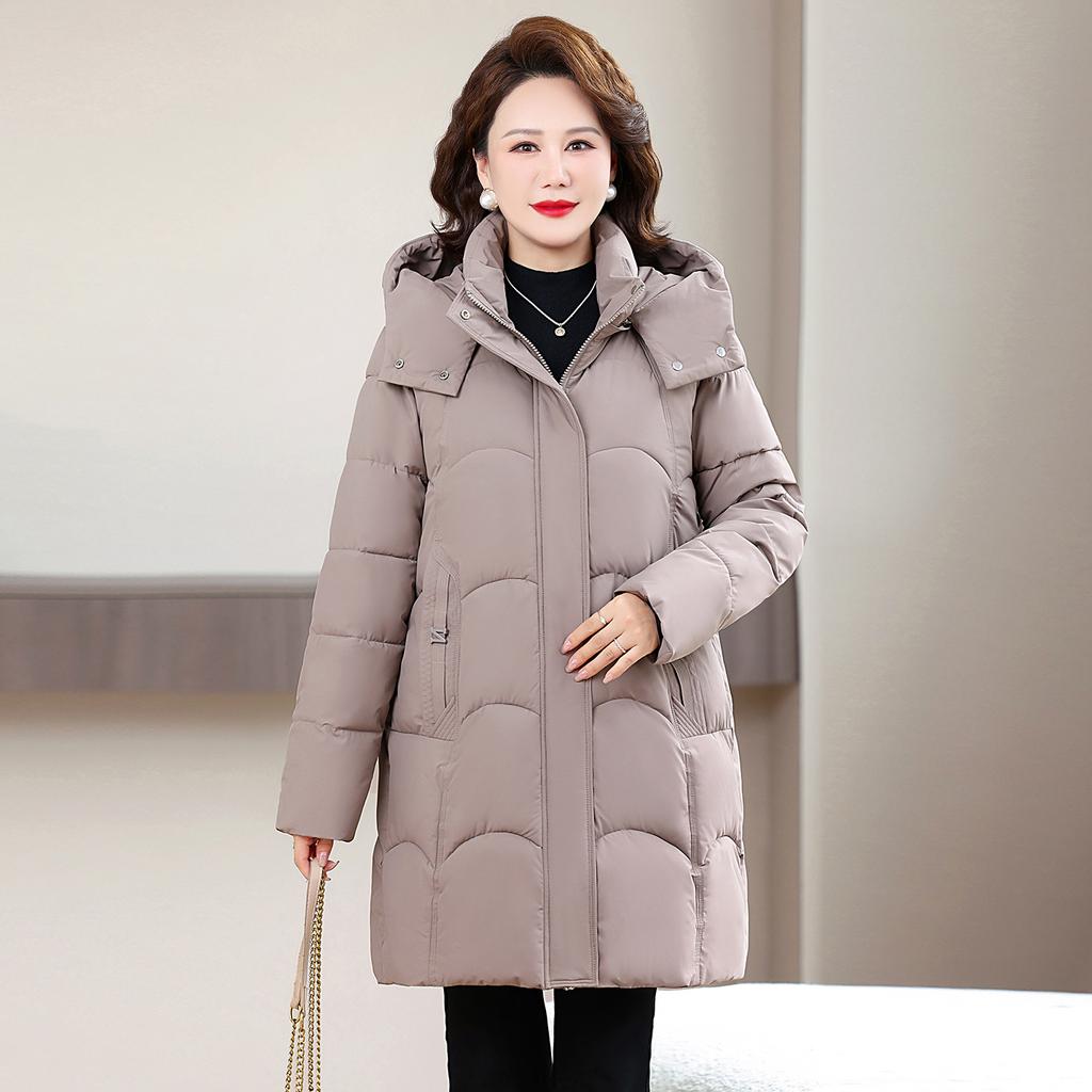 Middle-aged and elderly cotton clothes, women's medium and long mother clothes, removable cap, thickened warm and thin jacket, new in winter