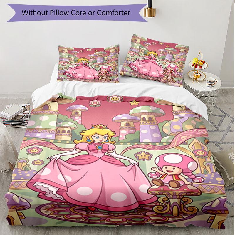 3pcs Duvet Cover Set (1*Duvet Cover + 2*Pillowcase, Without Core), Princess Peach Toadstool Print Soft All‑Season Bedding Set, Home Bedroom Decor Gift