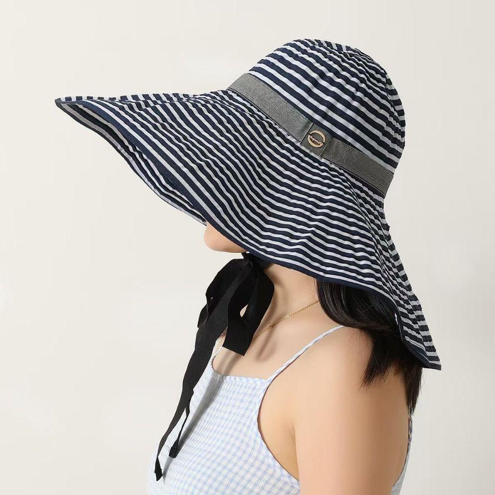 with Windproof Strap Women Striped Fisherman Hat Solid Color Sunshade Hat Bucket Hat  Camping