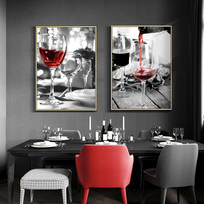 Modern Art Red Wine and Bottles Kitchen Poster Black and White Beverage Food Canvas