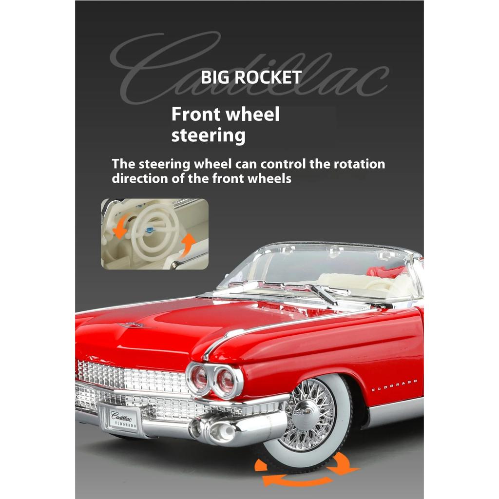 1/24 1959 Cadillac Eldorado Retro Sports Car Model Simulation Sound and Light Tire Suspension Collection Ornaments