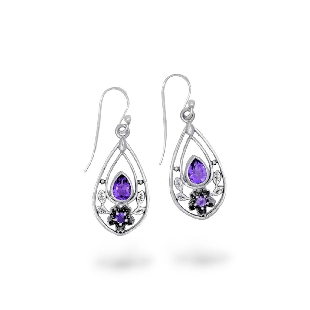 Amethyst 925 Sterling Silver Dangle Earrings: Floral Design