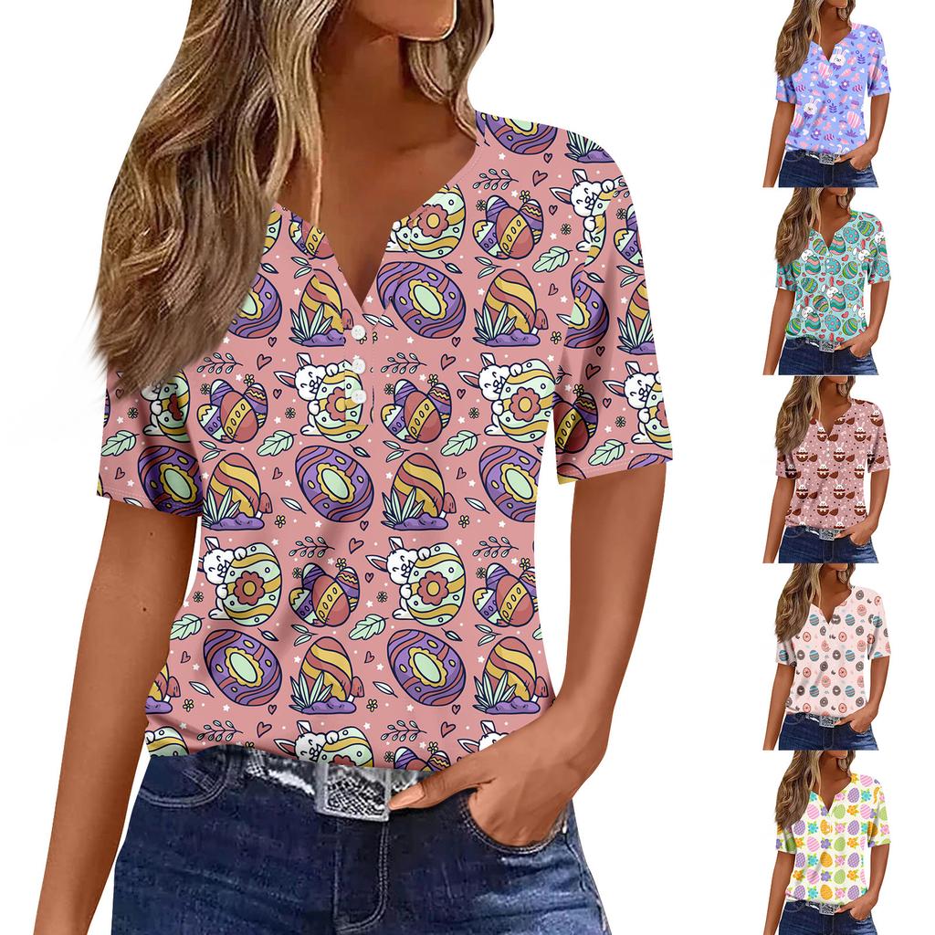 Women's Casual Print V-Neck Short Sleeve Decorative Button T-Shirt Top