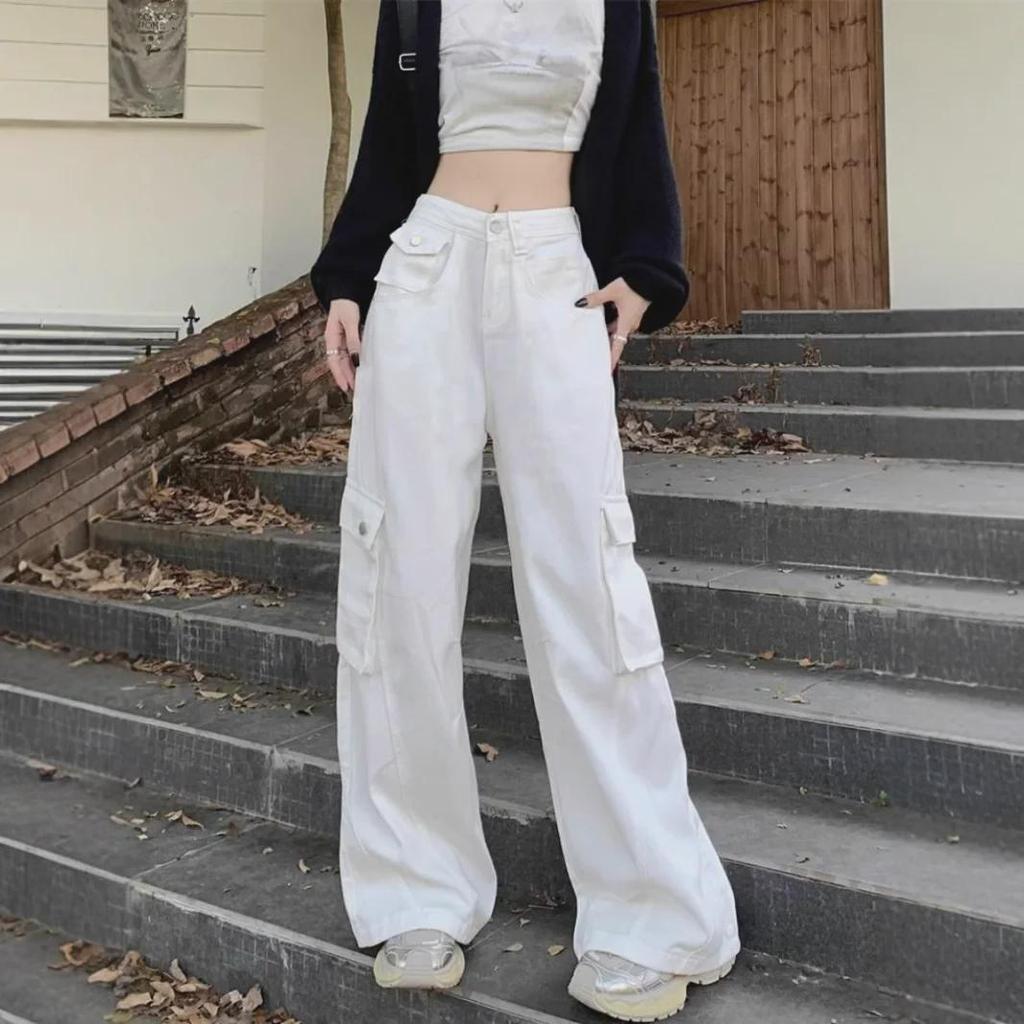 Women's 2025 High-Waist White Pocket Wide-Leg Jeans – Spring/Autumn Trend