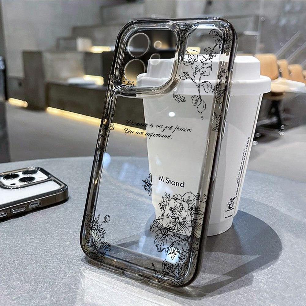 Черный цветочный чехол для телефона iPhone 15 14 11 12 13 Pro Max XS X XR 7 8 15 Plus SE роскошный противоударный бампер мягкий прозрачный чехол
