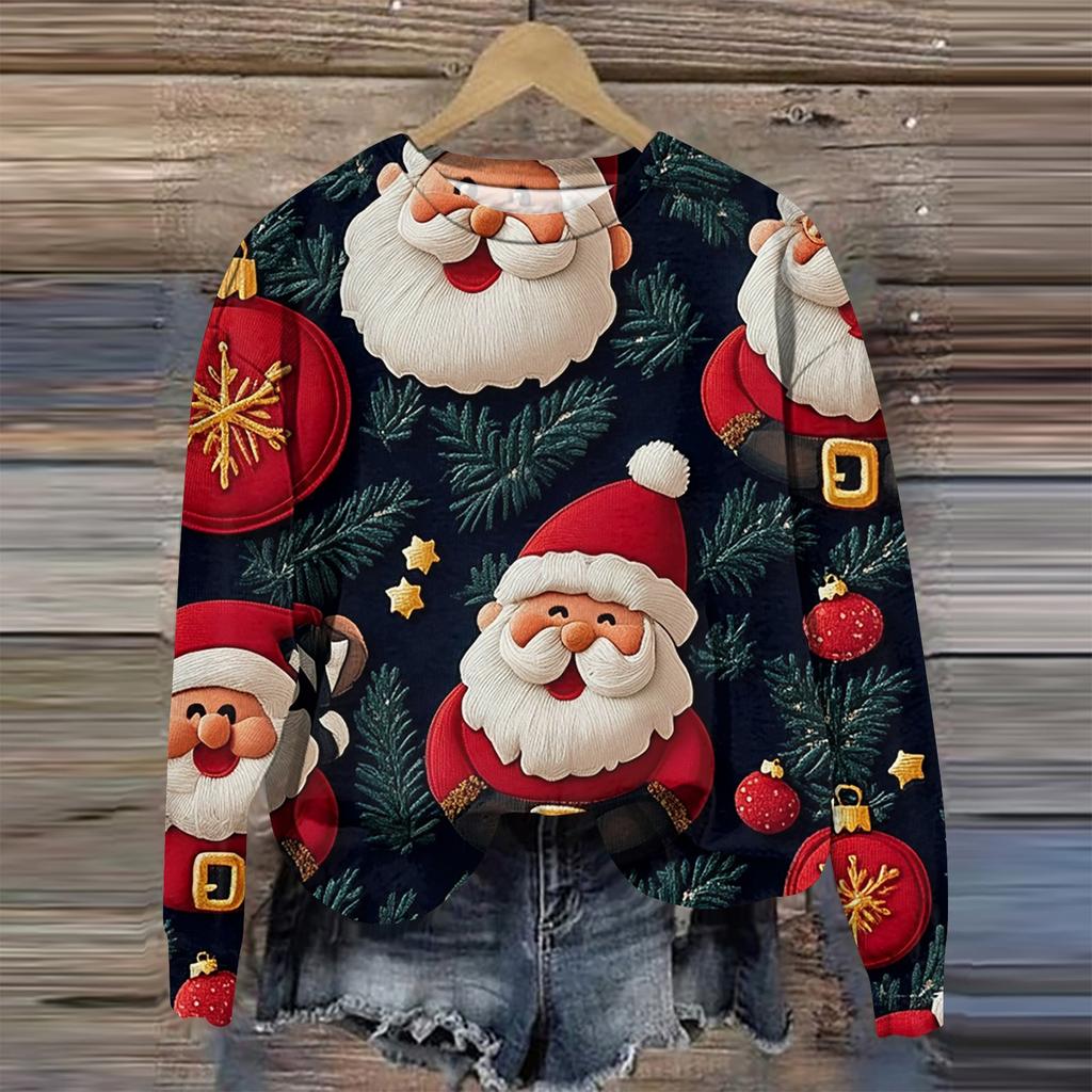 Женская мода круглый вырез пуловер длинный рукав футболка рождественский принт топ