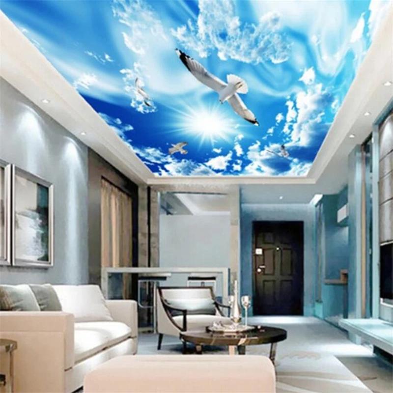 Обои 3D Голубое небо Белые облака Чайка Потолок Настенная роспись Гостиная Спальня Украшения Обои